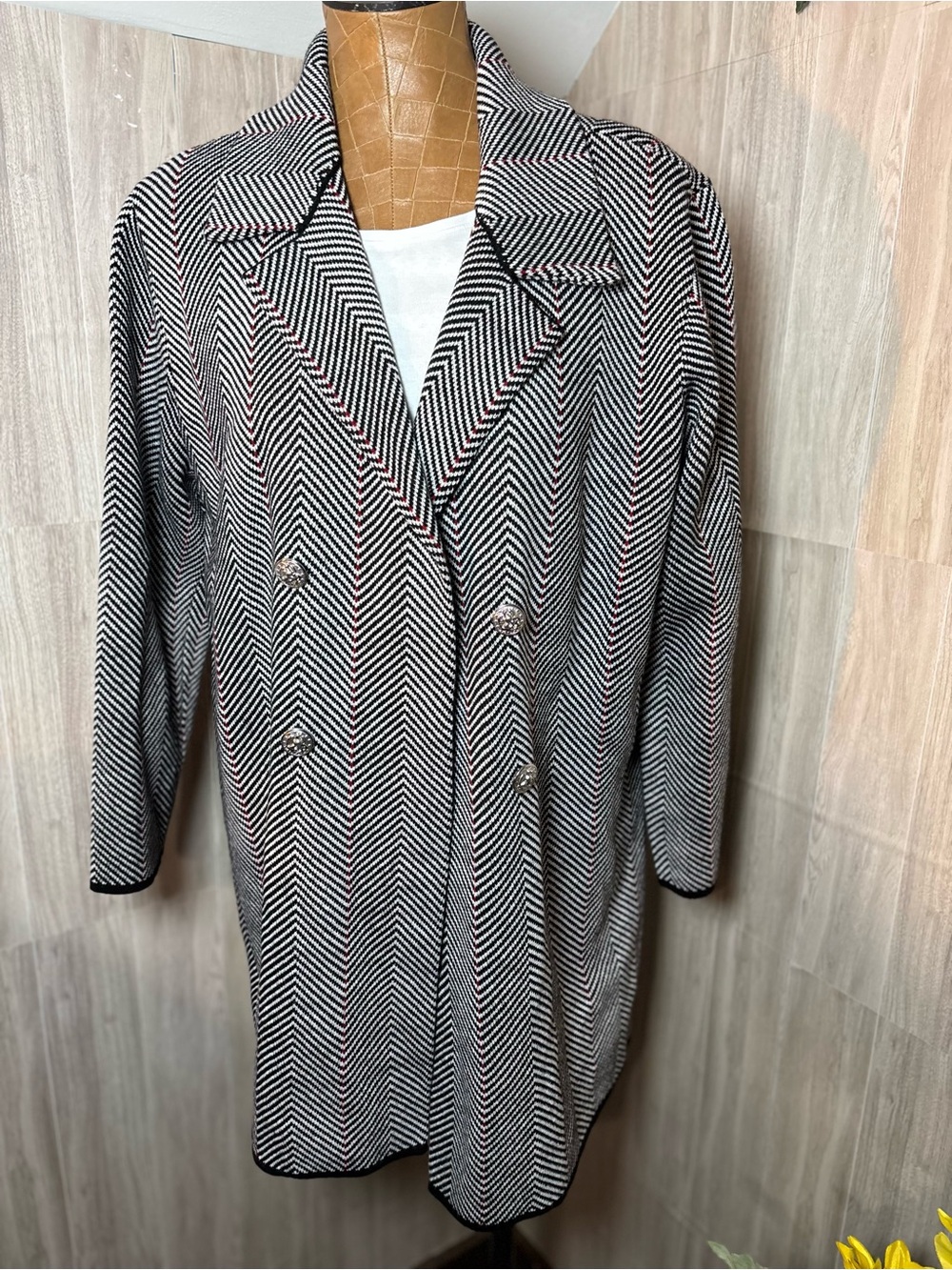 Anne Klein Herringbone Double-Breasted Knit Coat - Picture 4 of 12